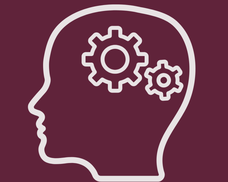 Icon Profil eines Kopfes mit Zahnrädern, die Gedanken und Kreativität symbolisieren.